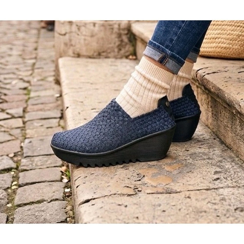 Bernie Mev Women 39 Navy Blue Lulia Woven Wedge Mary Jane Comfort Sneakers Heel